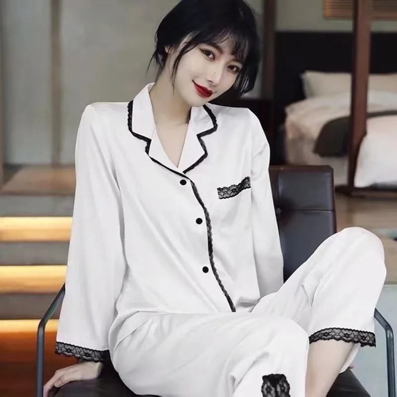 Spring and Summer New Ice Silk Pajamas Women's Long Sleeve Thin Style High Beauty Home Furnishing Women's Silk Lace Upscale Set