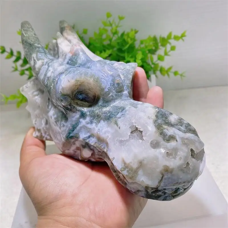 Natural Moss Agate Dragon Head Skull Crystal Statue Reiki Healing Stone Figurine Crafts Gift Home Decor 1pcs