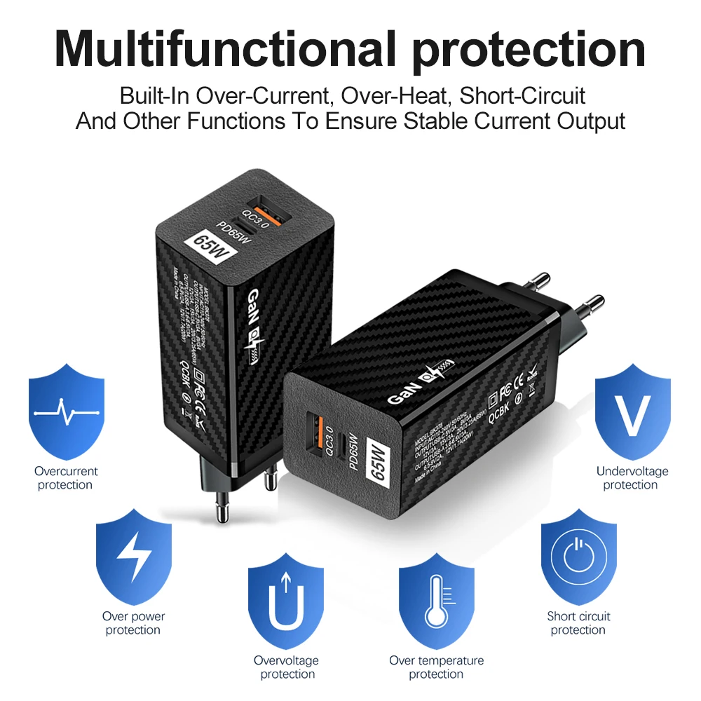 65W GaN USB Type C Charger Super Fast Charging For MacBook iPhone 13 14 iPad Huawei Xiaomi Samsung USB C PD Charger Wall Adapter