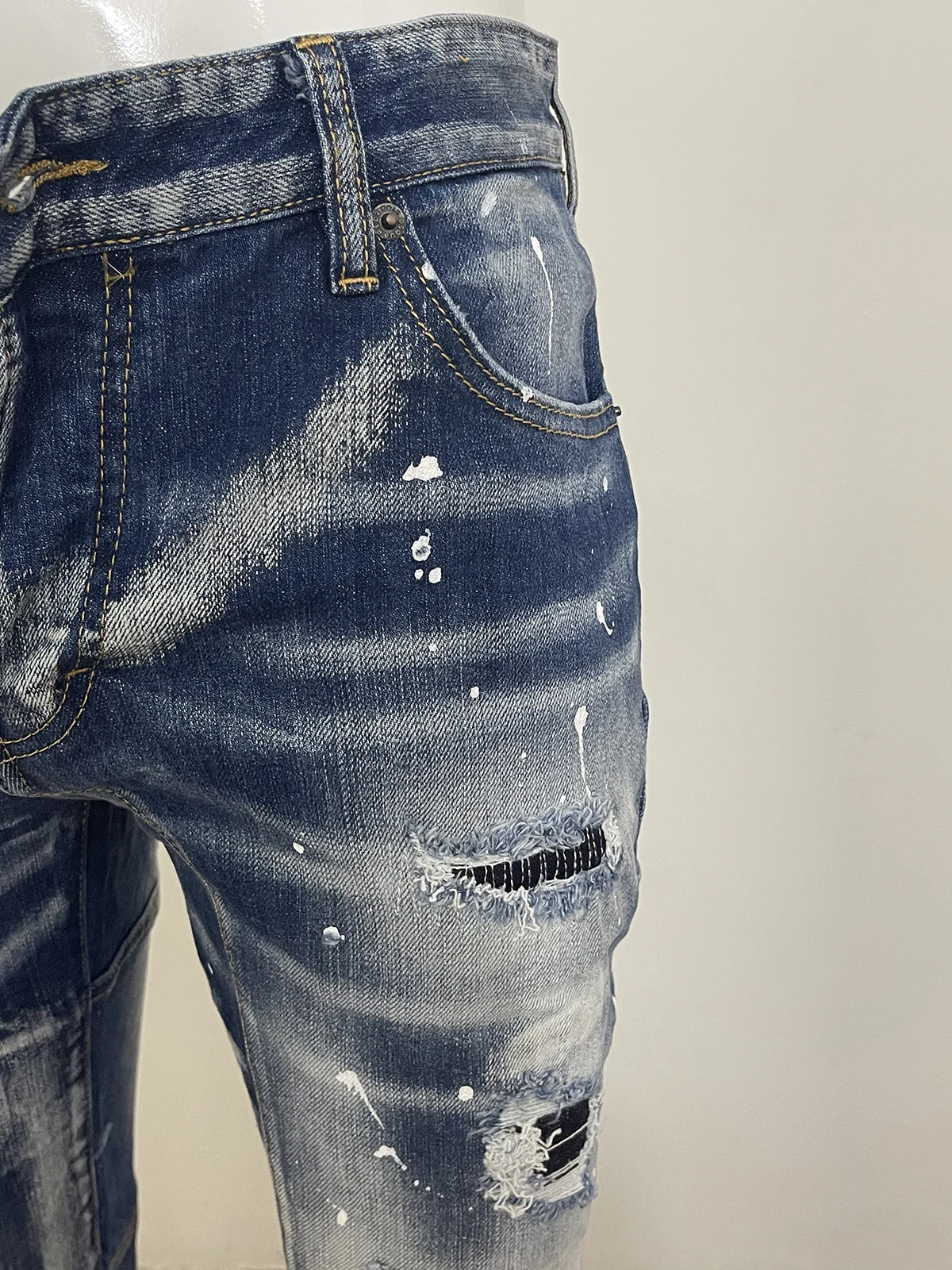 2023 spring and autumn new jeans d2 jeans slim foot casual micro-bullet stitching holes patch paint point