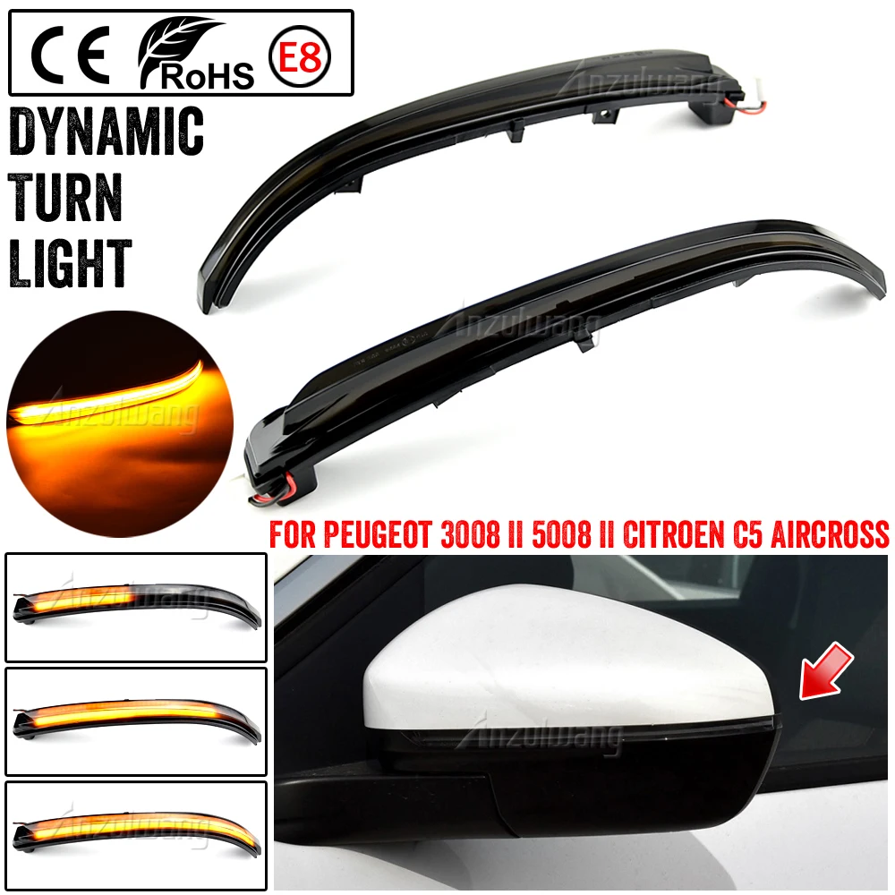 

For Peugeot 3008 5008 / Citroen C5 Aircross 2017 2018 2019 2020 2021 Dynamic Turn Signal Lamps LED Side Mirror Sequential Lights