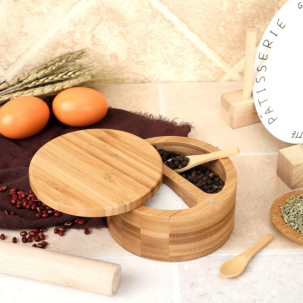 

Bamboo Spice Box Seasoning Container Salt Pepper Jar with Mini Spoons Swivel Lid Portable Mini for Kitchen Supplies