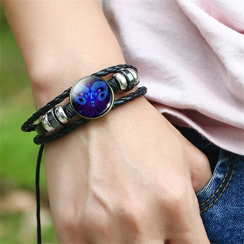 

Noctilucent 12 Constellations Lovers' Bracelet Imitated Cowhide Bangles Men and Women Punk Retro Weave Wristbands Accessory