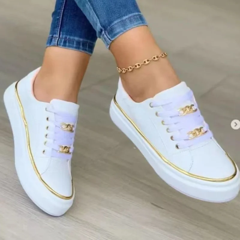 2023 Women Sneakers Fashion Chain Leather Round Head Platform Sports Shoes Lace-Up Walking Ladies Vulcanize Shoes Zapatos Mujer