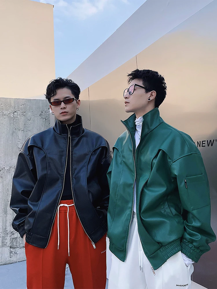 

ins men's faux leather casual jacket black green loose stand collar coat zip up high-end b23
