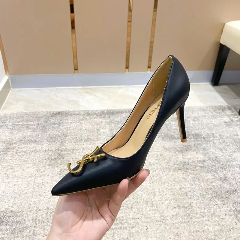 

High Heels Women Shoes YS Metal Buckle Pointed Ladies Shoes Stiletto Black Pumps Women Banquet Shoes 2023 New Zapatos De Mujer
