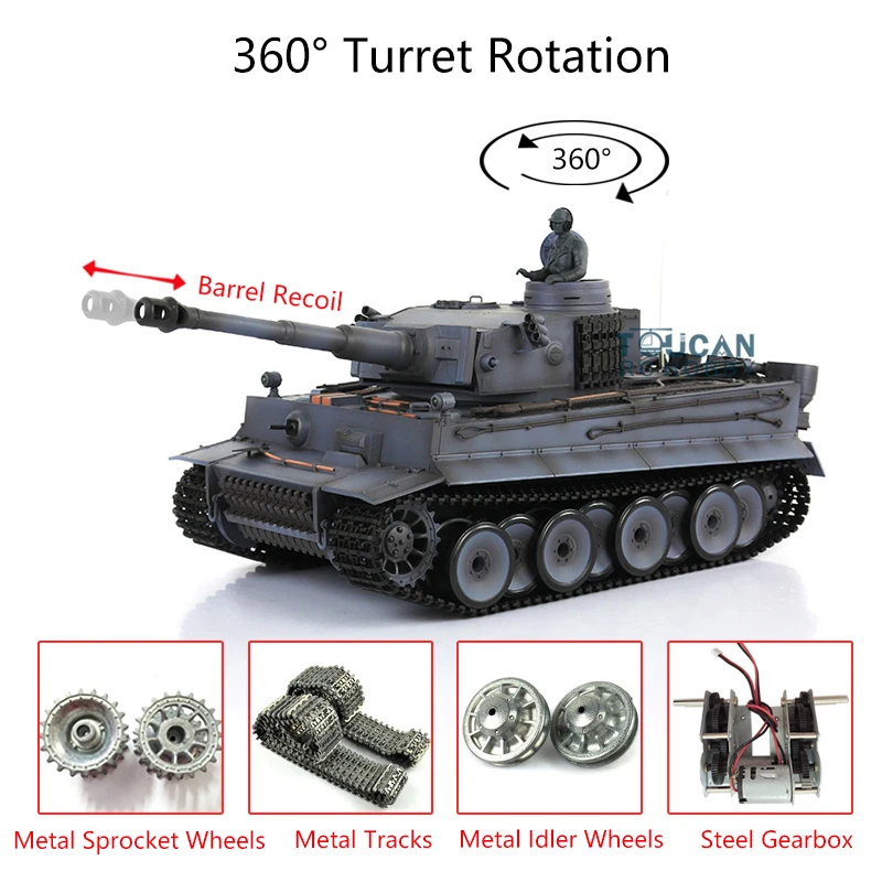

Henglong Upgraded Ver 1/16 Gray 7.0 Tiger I RC Tank 3818 360° Turret Barrel Recoil Metal Tracks Idlers Sprockets Th17255-SMT7
