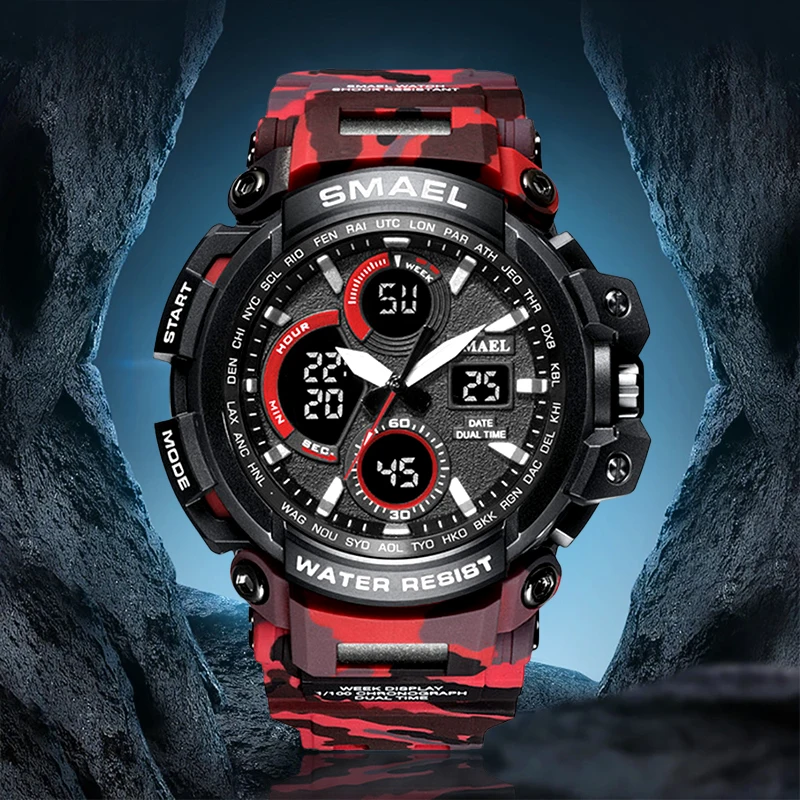 

SMAEL 2022 Sport Watch Men Dual Time Waterproof 50M Miliatry Camo Watches Chrono Alarm Wristwatch Vintage Classic Digital Watch