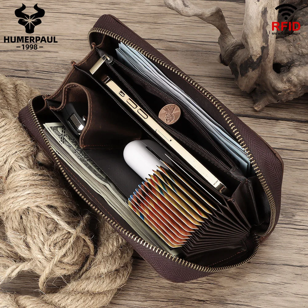 

Мужской Длинный кошелек из натуральной кожи на молнии с RFID-защитой