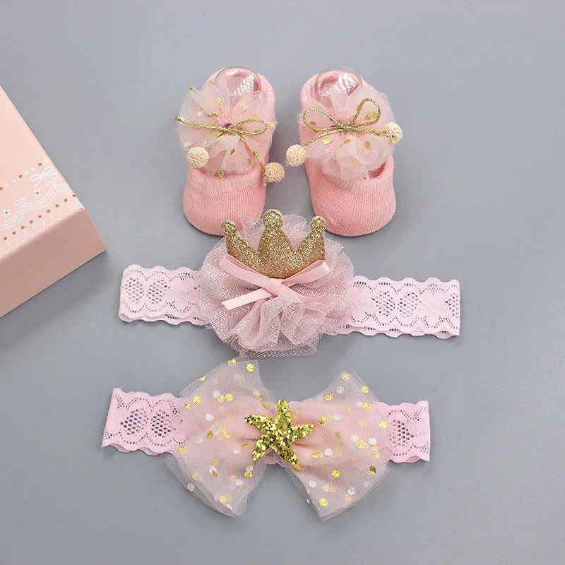 

3Pcs Baby Girls Headband Socks Set Pink Flower Crown Newborn Hairband Sox Infant Toddler Lace Bowknots Sock Headbands Sets Gifts