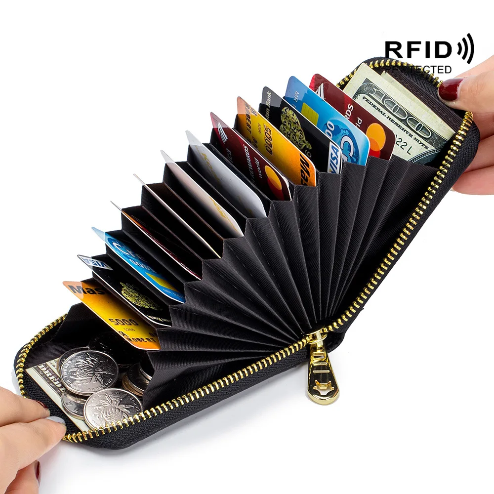 

RFID Women Men Genuine Cowhide Leather Orange Cards Holders Coins Purses Organ Wallets Multifunctions With Keychains Gifts