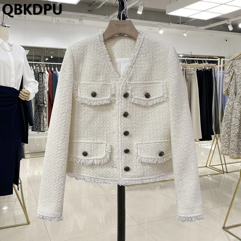 

Womens Elegant Tweed Short Jackets Korean Fashion Slim Wool Blend Coats Spring Casual Vintage Chaquetas Sweet Chic Outwear