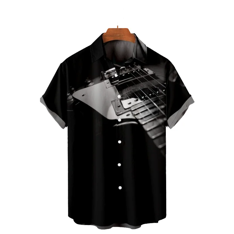 2022 Men's Short Sleeve Lapel Shirt Plus Size Black Guitar 3D Printed Men's Beach Top with Pockets