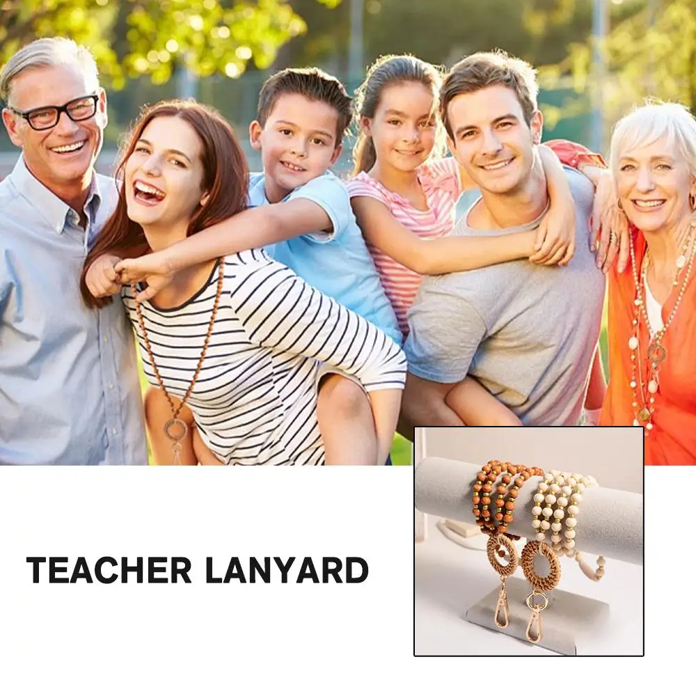 

Rattan Wood Bead Lanyard Keychain Work ID Badge Necklace Nurse Charm Teacher Gift Boho Lanyard Clasp Strap Beaded Breakaway C7O5