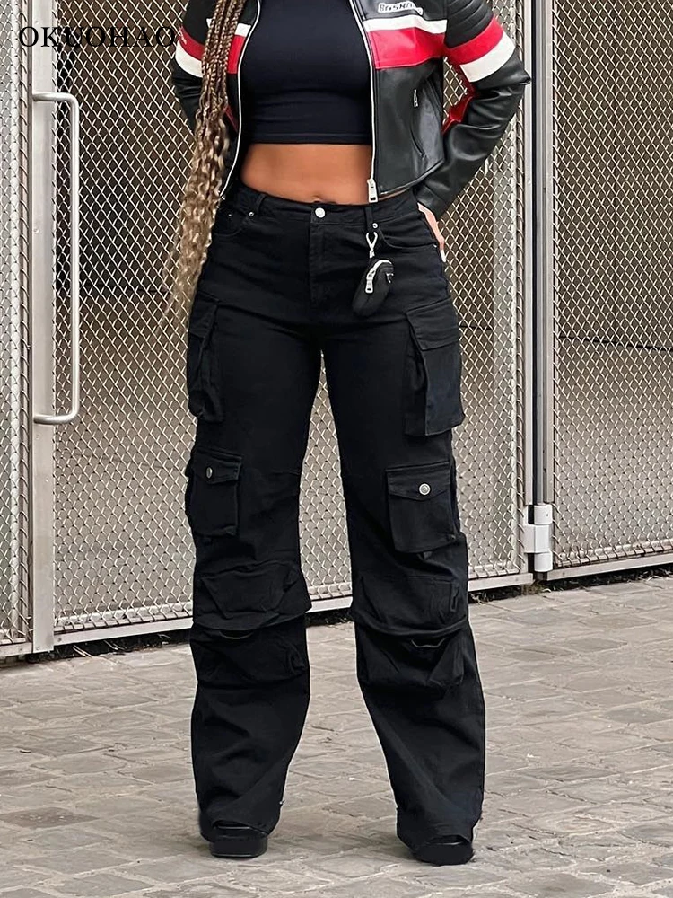 

Женские мешковатые джинсы, осенняя Женская одежда, лоскутные карманы, Модные Винтажные уличные штаны с высокой талией, джинсы для женщин, но...