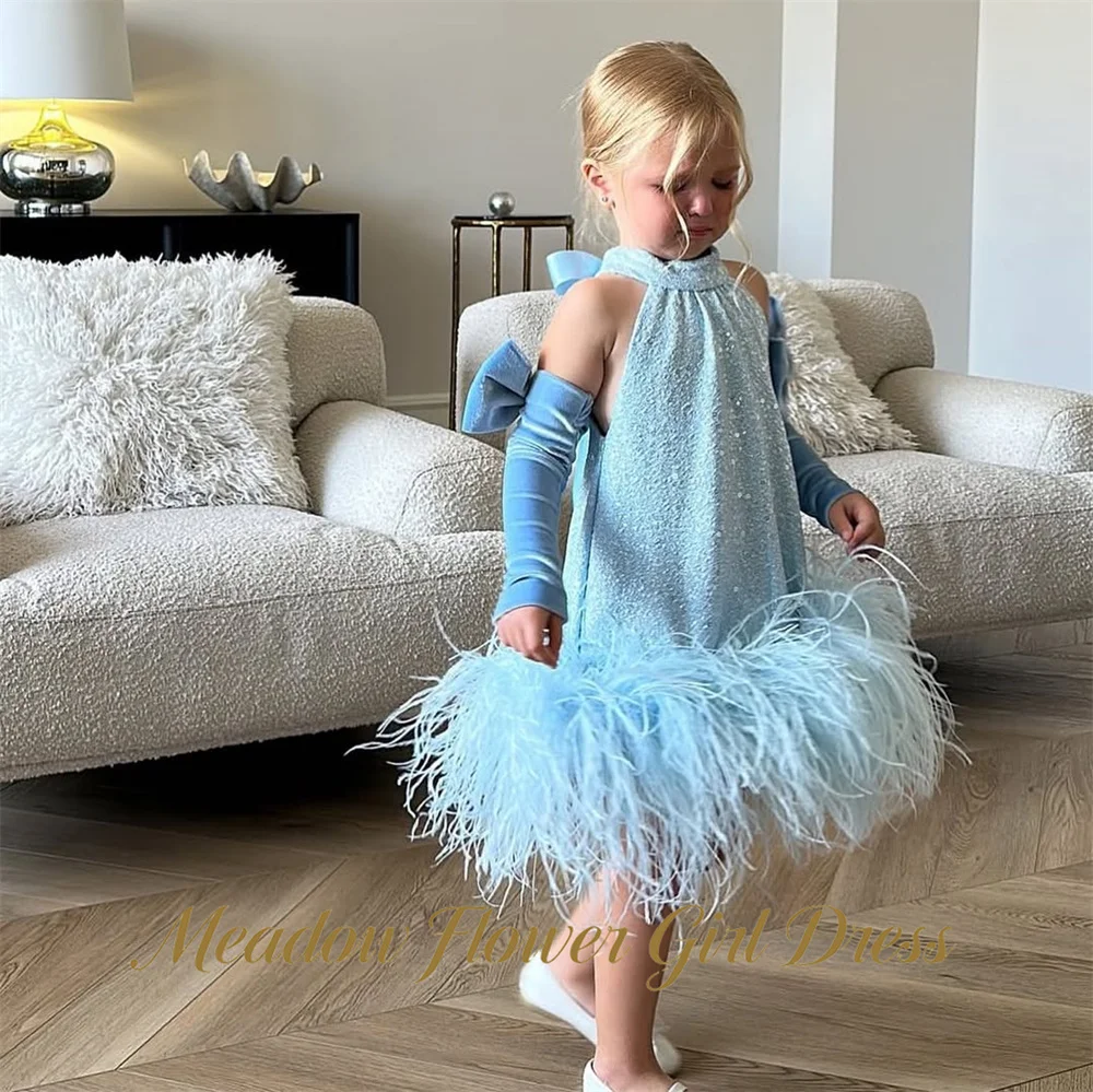 Фото Нежно-голубое платье для девочек Meadow Sparkle: бальное платье принцессы с высоким воротником и бретелью через шею, пышное платье-туту без рукавов для вечеринок и выпускных вечеров №1