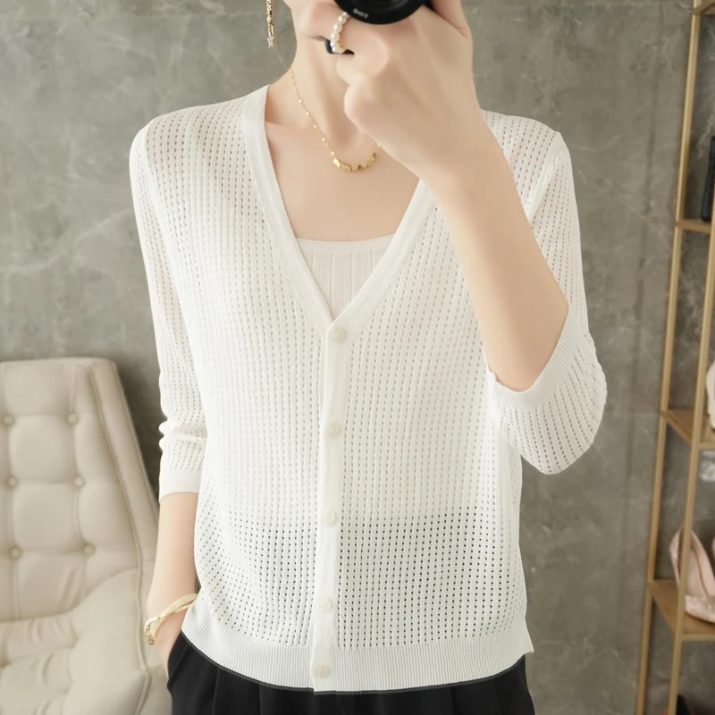 

Women's Summer Ice Silk V-Neck Solid Sun Protection Shirt 2023 Spring/Summer Split Sleeve Hollow Knitted Cardigan Jacket Top
