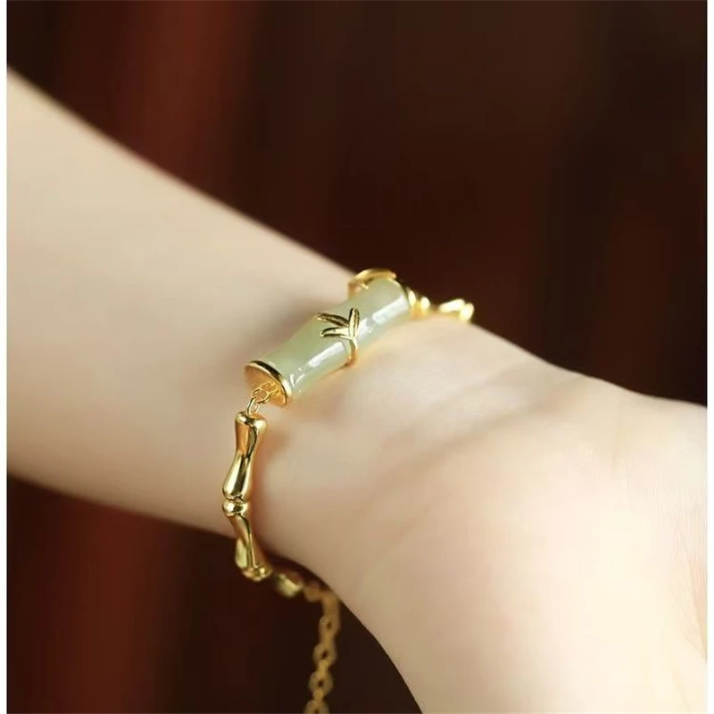 Винтажный фестивальный браслет Hetian Jade Bamboo нежный с серебряным покрытием 925
