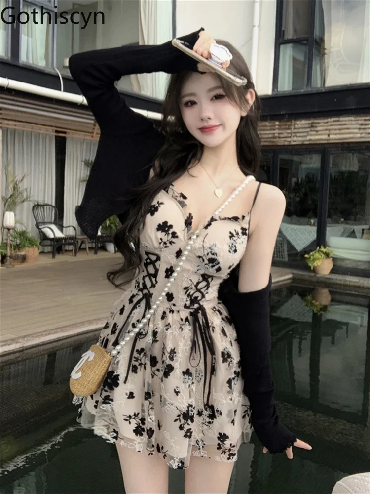 

Gothiscyn Long Sleeve Knit Cardigan Crop Coat Two-piece Dress Ladies Drawstring Floral V-neck French Suspender Robe Suit Women