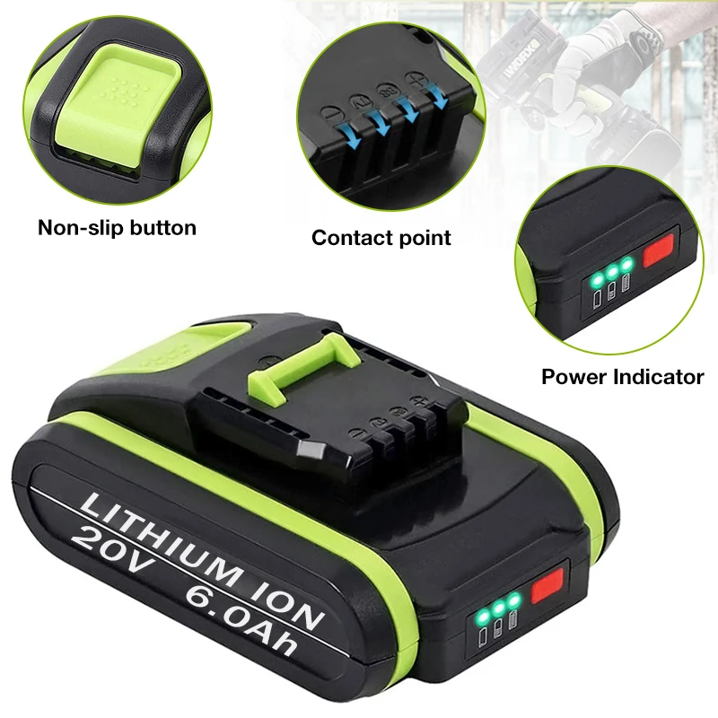 

2023 NEW Power Tools Rechargeable Replacement Battery 20V 6000mAh Lithium for Worx WA3551 WA3553 WX390 WX176 WX178 WX386 WX678