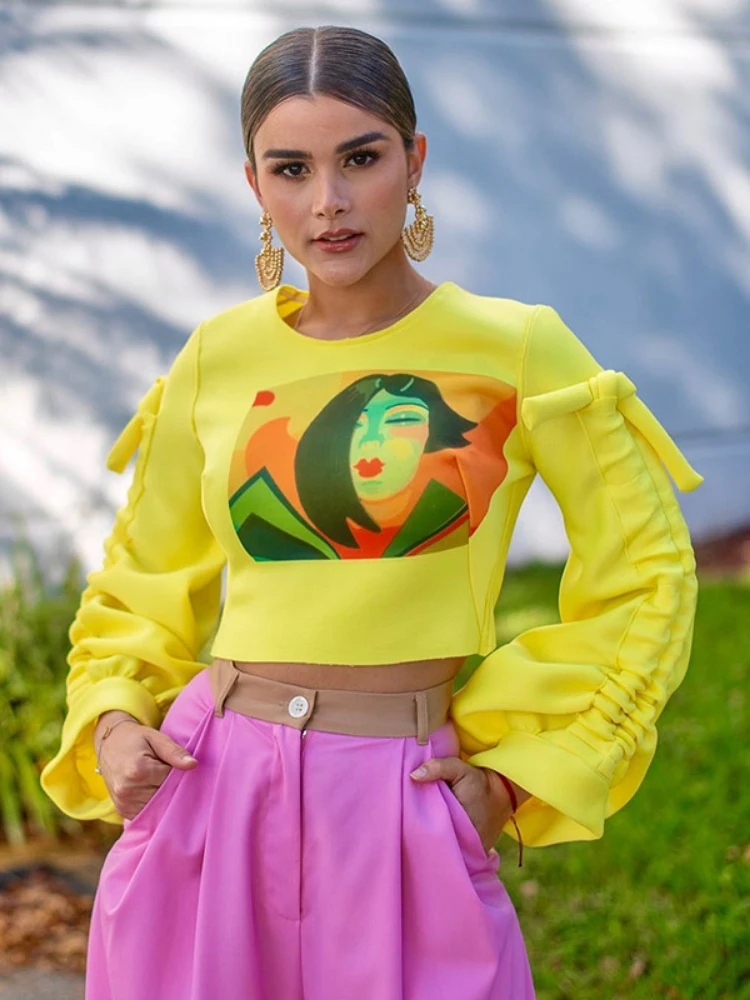 

Women's Casual Printed Crew Neck Gathered Long Sleeve Crop Slim T-Shirt Top Fall Fashion Bright Yellow Bandage Goth Streetwear