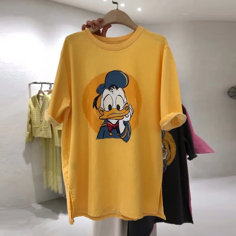 

Donald Duck T Shirt Short Sleeve Loose Tshirt Cartoon Harajuku Summer Clothes for Women Disney O Neck Solid Kawaii Top Mujer