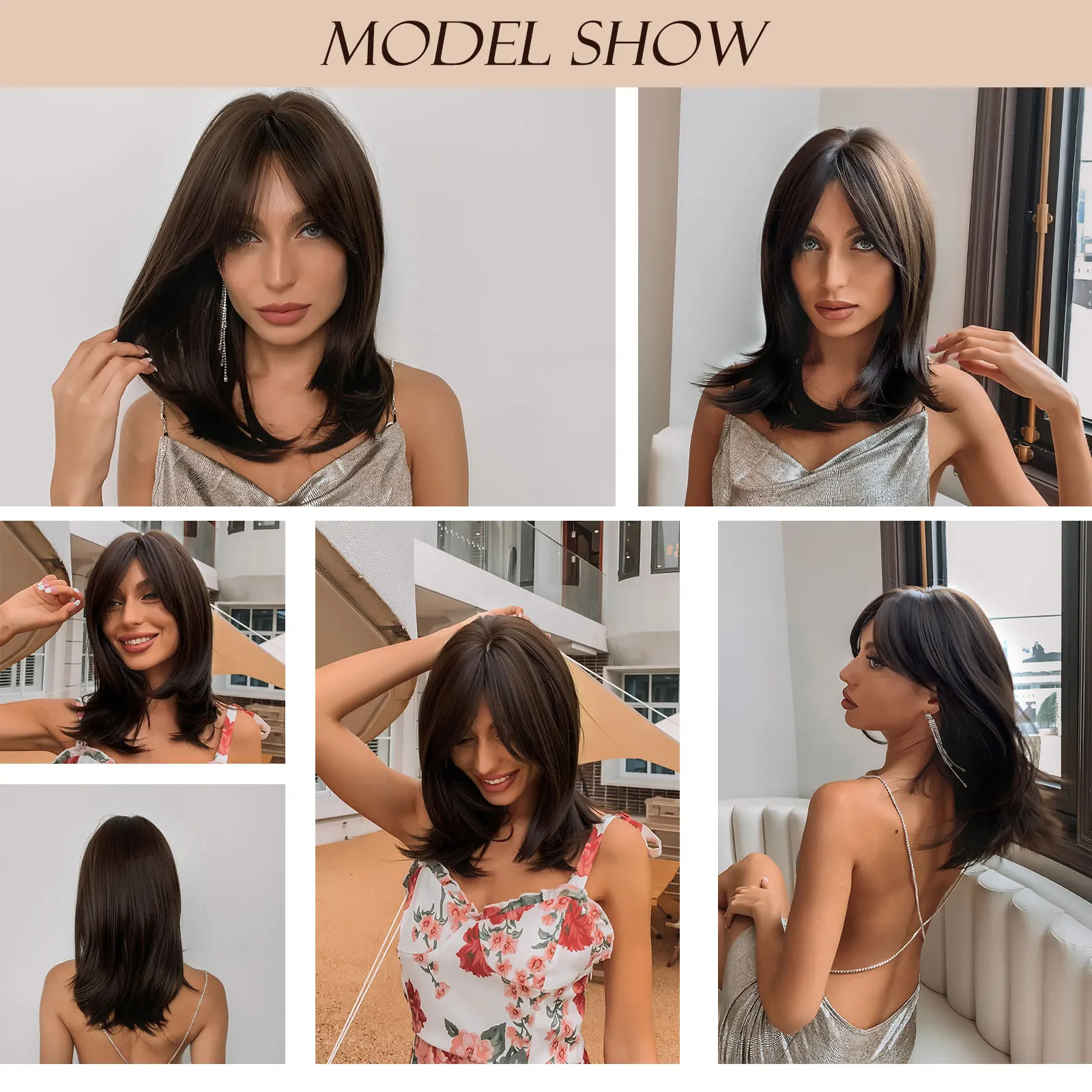 EASIHAIR Dark Brown Wigs with Bangs Layered Synthetic for Women Medium Length Cosplay Heat Resistant Daily Wig |