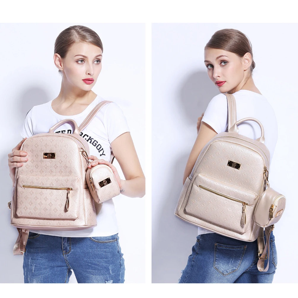 2 in 1 Women Backpack PU Leather Shoulders Bag Chic School Bags Portable Travel Daypack with Hanging Pouch, Beige
