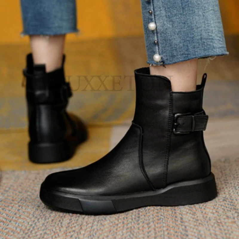 

Vintage Thick Soled Short Boots Women Leather Casual Flat Ankle Shoes Fashion Low Top Solid Color Belt Buckle Autumn Winter New