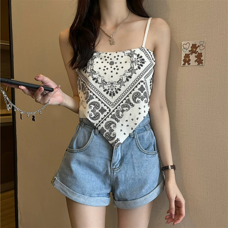 

Summer Y2K Bohemian Camisole Vintage Patched Knit Crop Top Women Tank Girl Sexy Bellyband Sleeveless Short Tee топ for Female