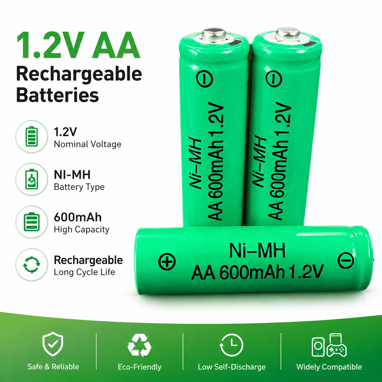 Фото Аккумуляторные батарейки AA NiMH 600 мАч 1,2 В с длительным сроком службы для солнечных ламп, светодиодных фонарей, электробритв, беспроводных мышей, микрофонов №1