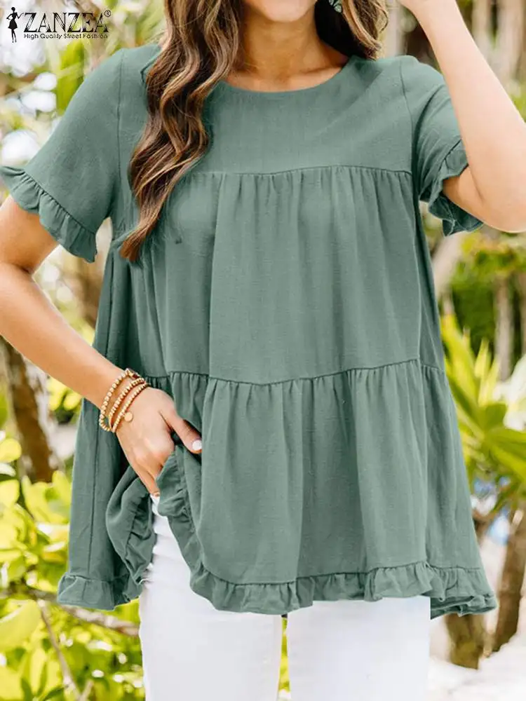 

Летняя Блузка ZANZEA, женские элегантные повседневные свободные праздничные блузы, Женские однотонные рабочие топы, рубашка с круглым вырезом...