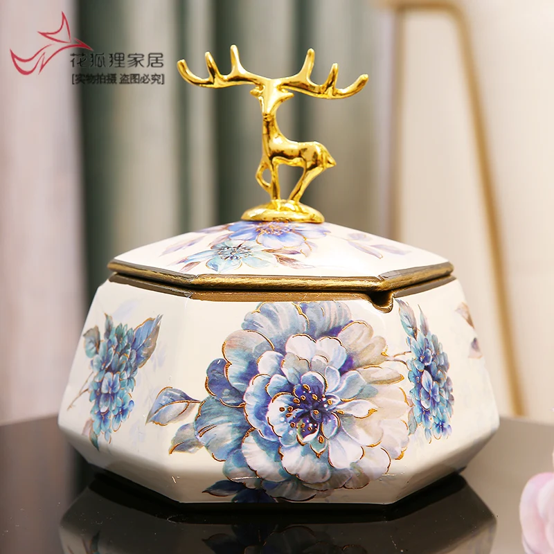 Creative ashtray with cover ceramic large ashtray anti flying dust European and American living room light luxury trend