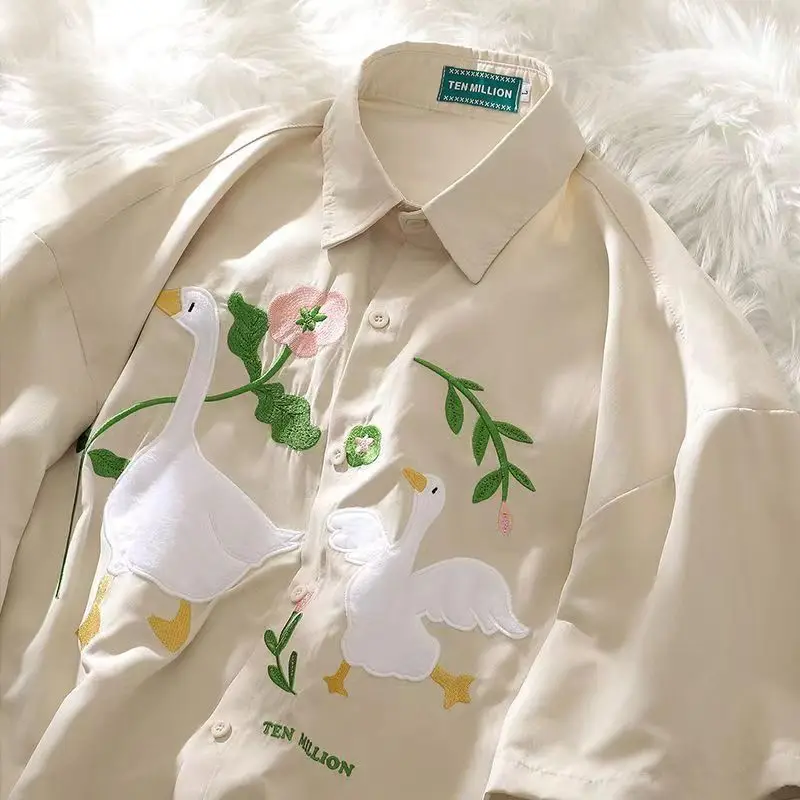 

Рубашка женская с коротким рукавом и принтом гусиных мультфильмов в японском стиле ретро, летняя блузка в стиле хип-хоп, Корейская рубашка в стиле Харадзюку, 2023