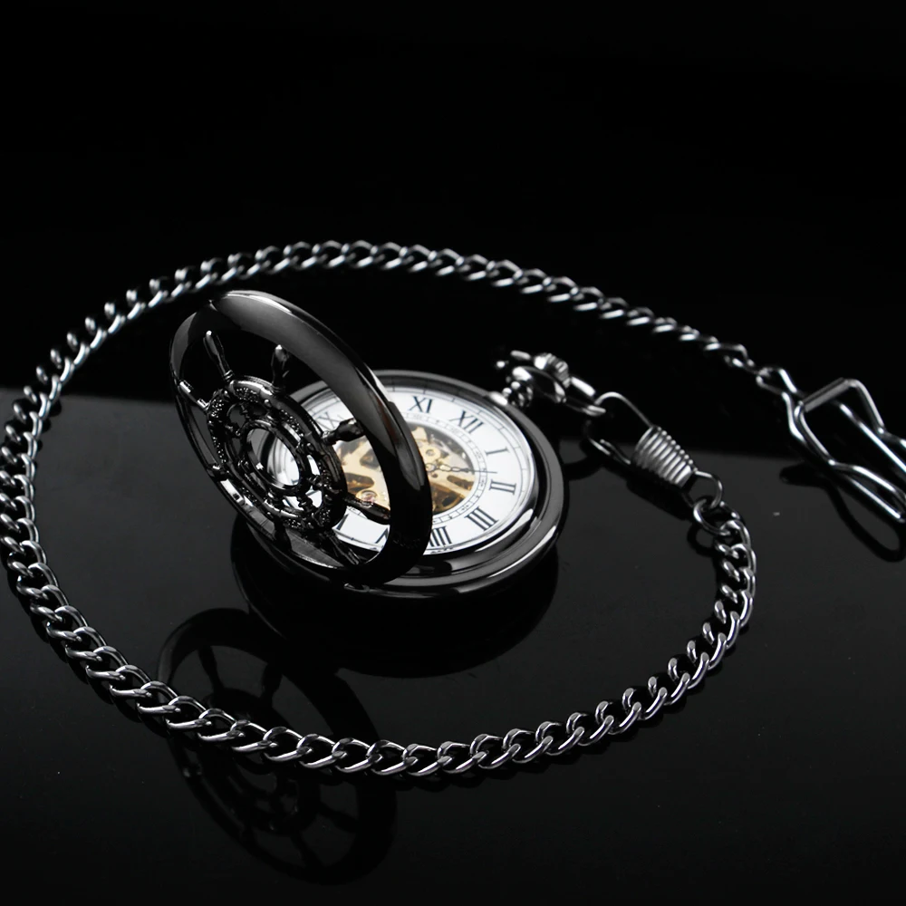 Vintage Black Rudder Hollowed-Out Mechanical Manual Pocket Watch Gold Roman Digital Skull Dial Pendant Automatic Antique Clock