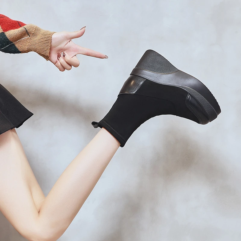Autumn and winter thick-soled women's shoes fashion round head ankle boots 2022 winter stretch black boots comfortable Botas