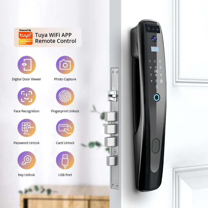 Продажа Умный дверной замок с распознаванием лица 3DFace, сканер отпечатков пальцев, цифровой Wi-Fi замок, подключенная камера, монитор, камера безопасно...