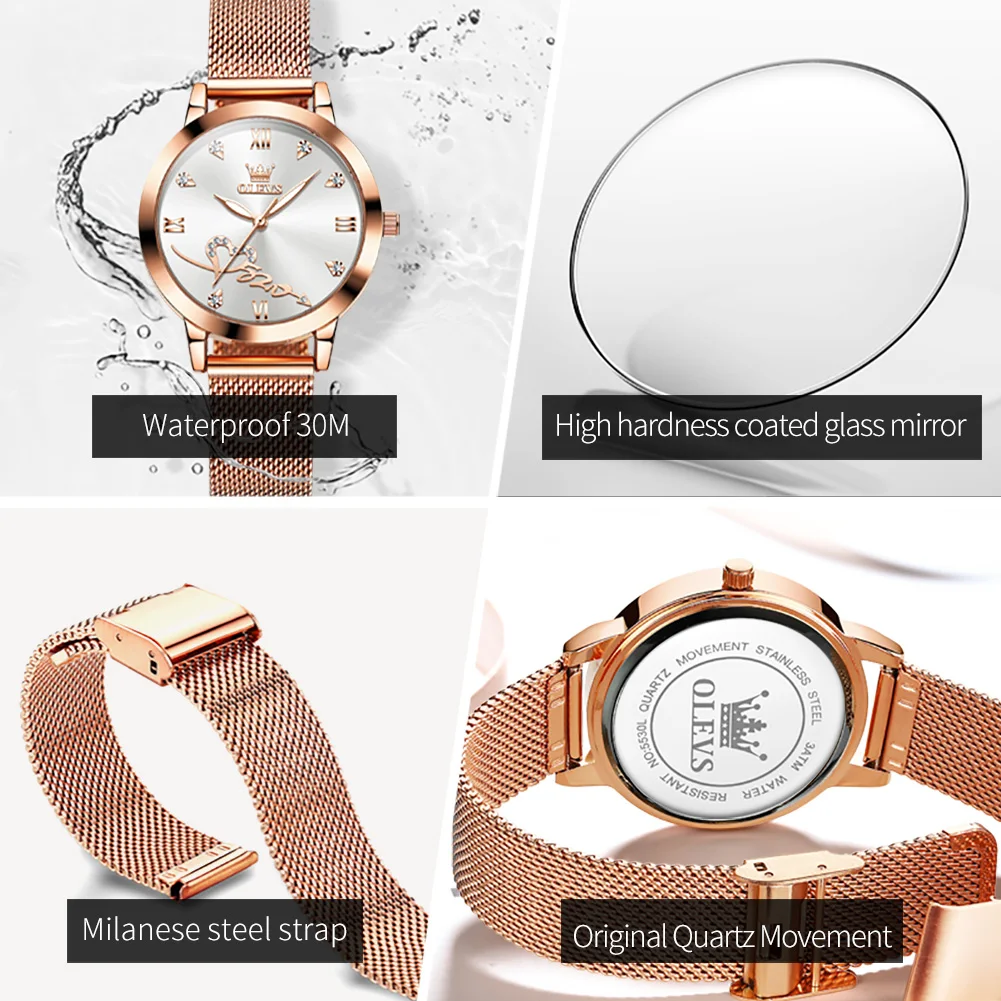 OLEVS 2023 New Ultra-thin Quartz Women Watch Simple Waterproof Rose Gold Stainless Steel Mesh Ladies Watch Relogio Feminino