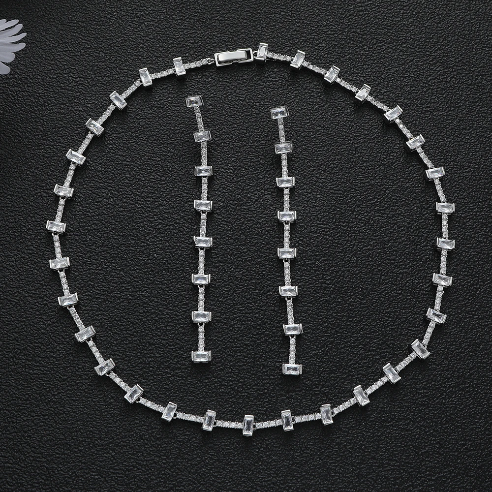 Новый роскошный классический набор ювелирных изделий с геометрическим прямоугольным квадратным кубическим цирконием для помолвки свадебное ожерелье из Дубая длинные серьги E1182 N161