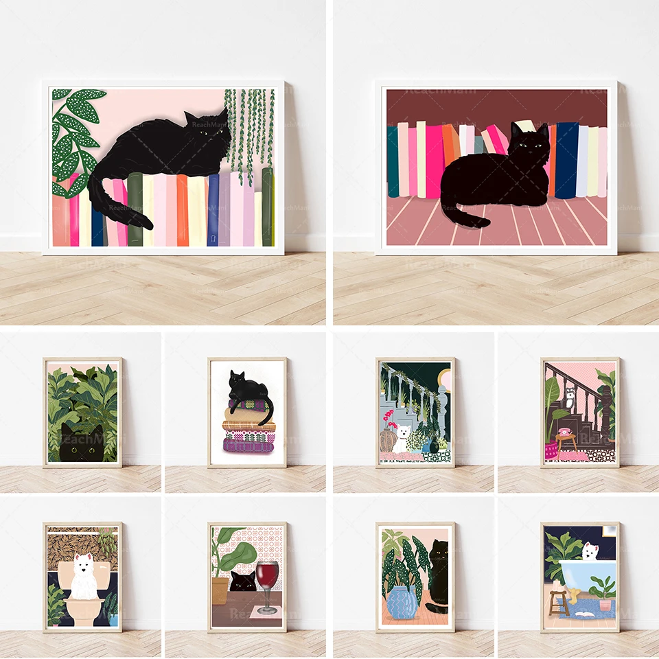 

Современный постер для кошки среднего века, черная кошка на полке, кухонная черная кошка и растение, иллюстрация, любитель кошек, любитель к...