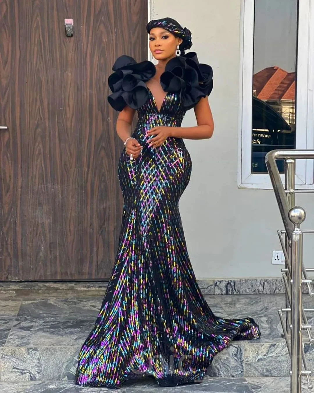 

Lace African Aso Ebi Evening Dresses Mermaid Sheer Ruffled Formal Party Gown Prom Dresses For Black Girls