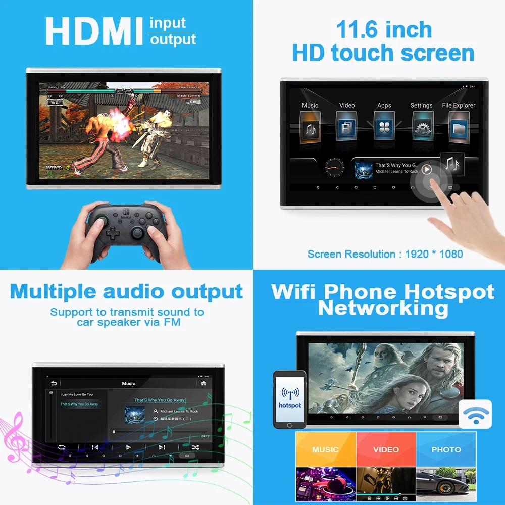 Carsanbo 11 6 дюймов Android подголовник мониторы Автомобильный дисплей 4K 1080P видео игра