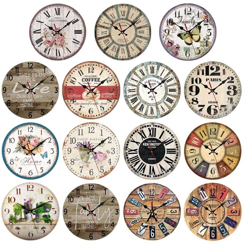 

Round Vintage Living Wall Clock Clock Rustic Operated Style Wall Country Non-ticking Room Kitchen Wooden For