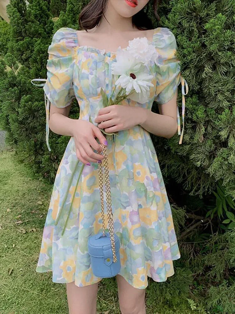 

Летнее женское платье с принтом, женские повседневные Мини-платья, женская одежда с кулиской, модный сарафан, сказочное платье, платья