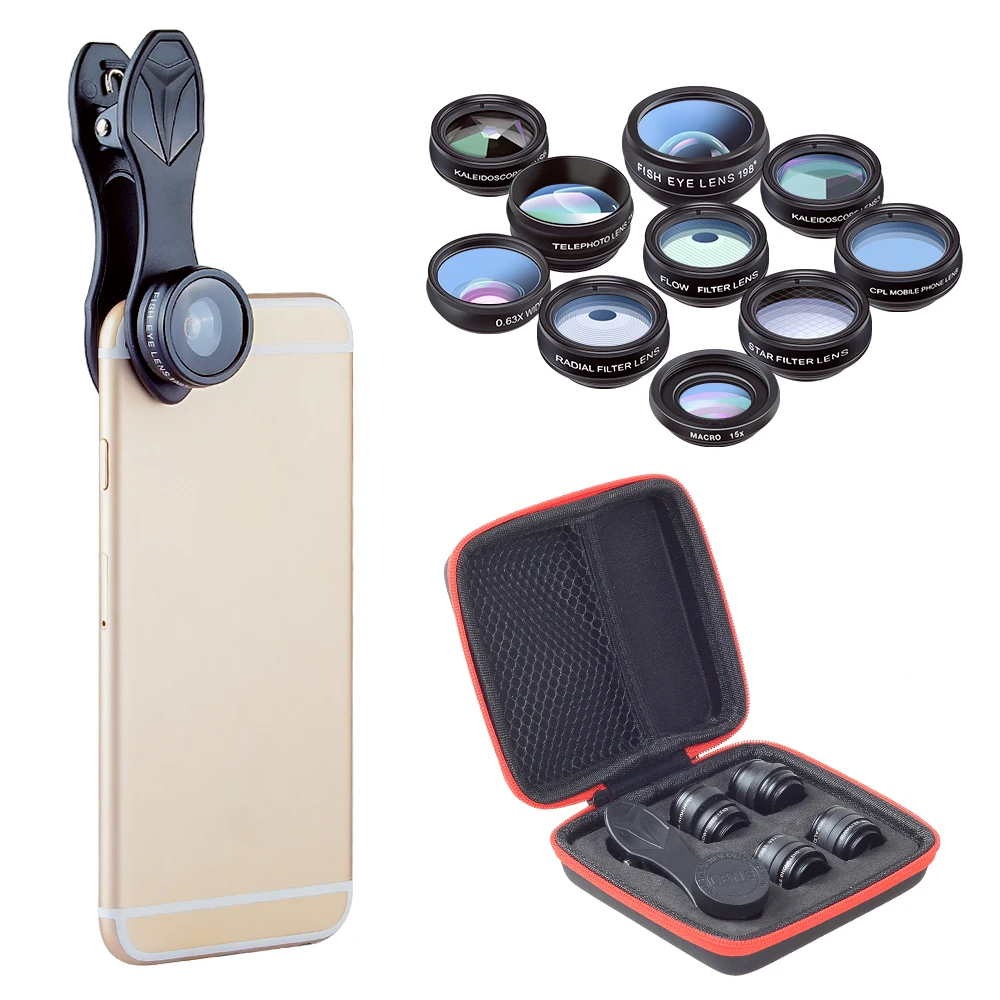 

APEXEL 11 in 1 Phone Camera Lens Kit Fisheye Wide Angle Macro Lens CPL ND Filter Kaleidoscope and Telescope Lens for Smartphone