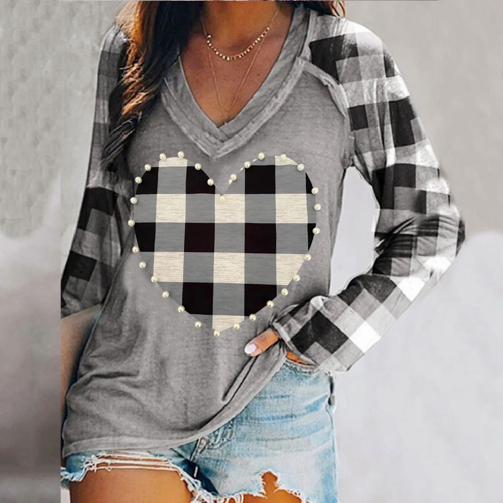 

Женский Повседневный пуловер в клетку с длинным рукавом и V-образным вырезом