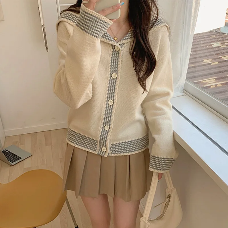 Navy Collar Contrast Color Single Breasted Knit Cardigan Women's Korean Style Loose Long Sleeve Sweater
Navy Collar Contrast Color Single Breasted Knit Cardigan Women's Korean Style Loose Long Sleeve Sweater