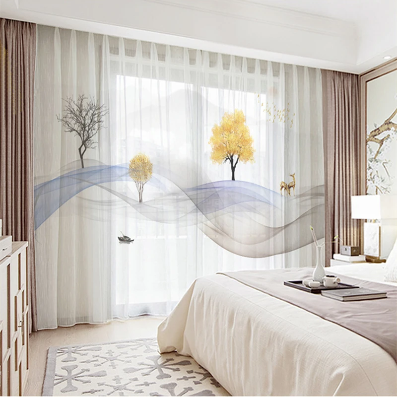 

Заказной шифон отвесная занавеска окна драпировка для спальни гостиной реки лодки деревья пейзаж