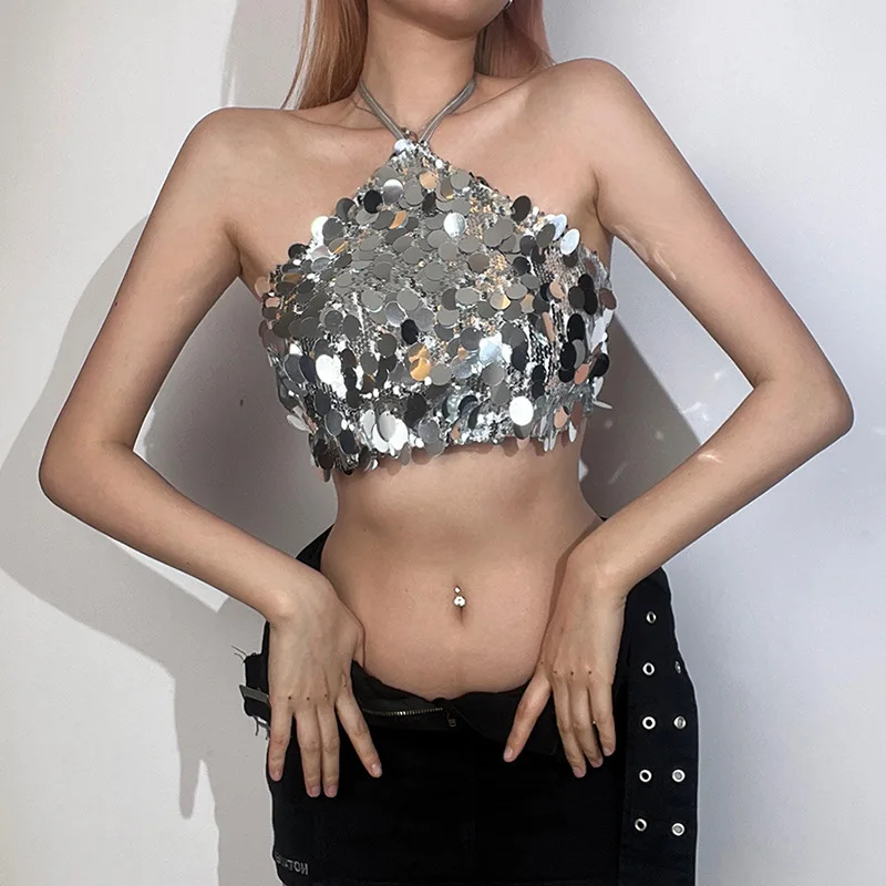 

2023 Summer New Women's Fashion Sexy Hanging Neck Open Back Sequin Tank Top