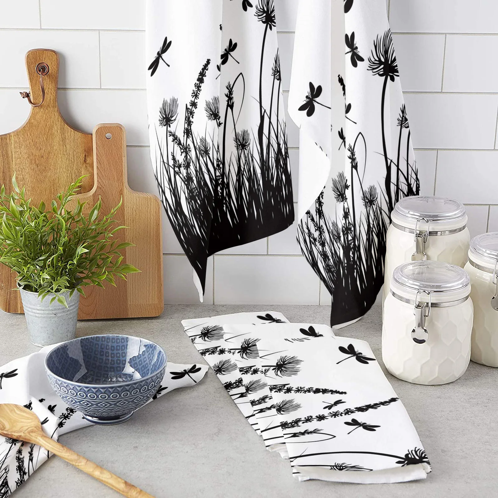 

Black Flower Grass Dragonfly Kitchen Towel Microfiber Rags Cleaning Cloth Home Washing Dish Cleaning Tools